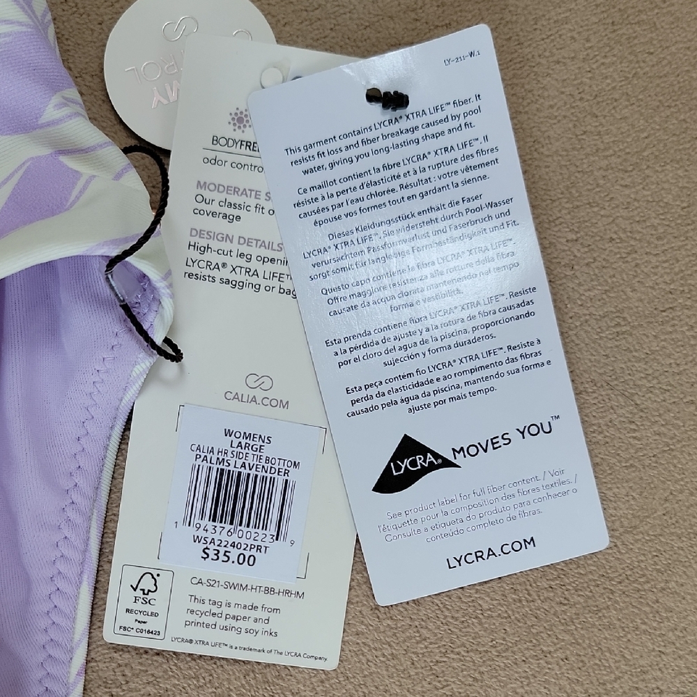 Calia High Rise Side Tie Bottom Palms Lavender Swimwear Bikini Set Size M/L NWT - Picture 2 of 8